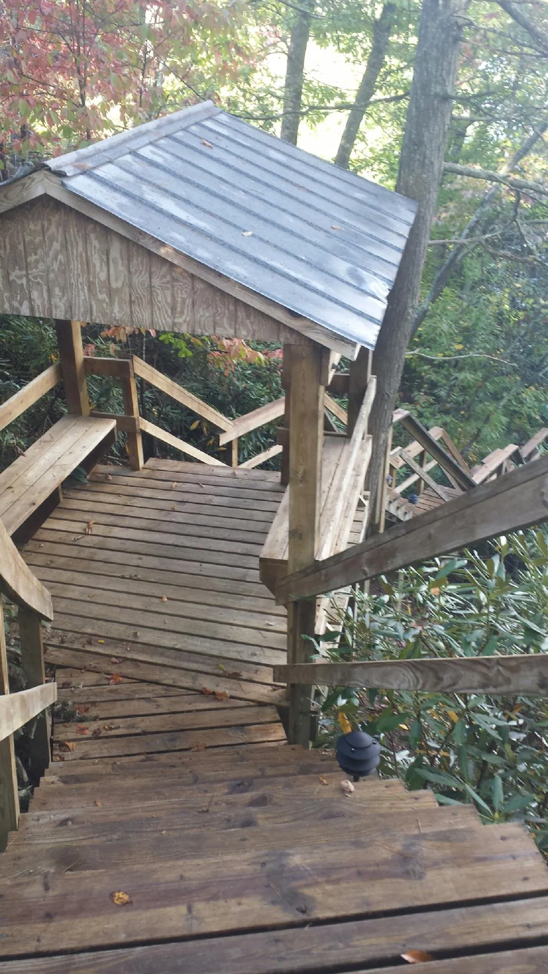 Metal roofed shelter over wooden steps on a wooded walkway — Skylight Repair & Installation work by our crew in Nicollet